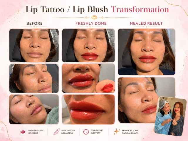 Lip blush before, freshly done and healed